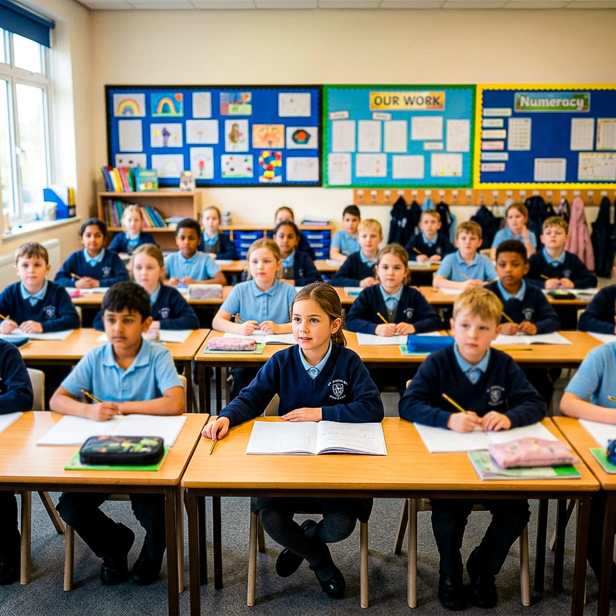 A full primary class at their desks during a lesson