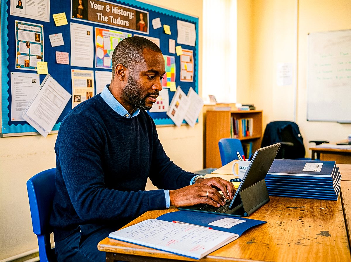 A science teacher at a laptop in their classroom