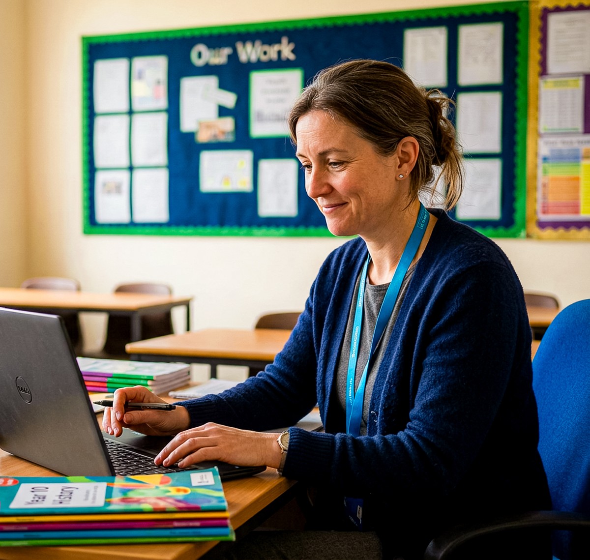 A teacher working at a laptop in a classroom