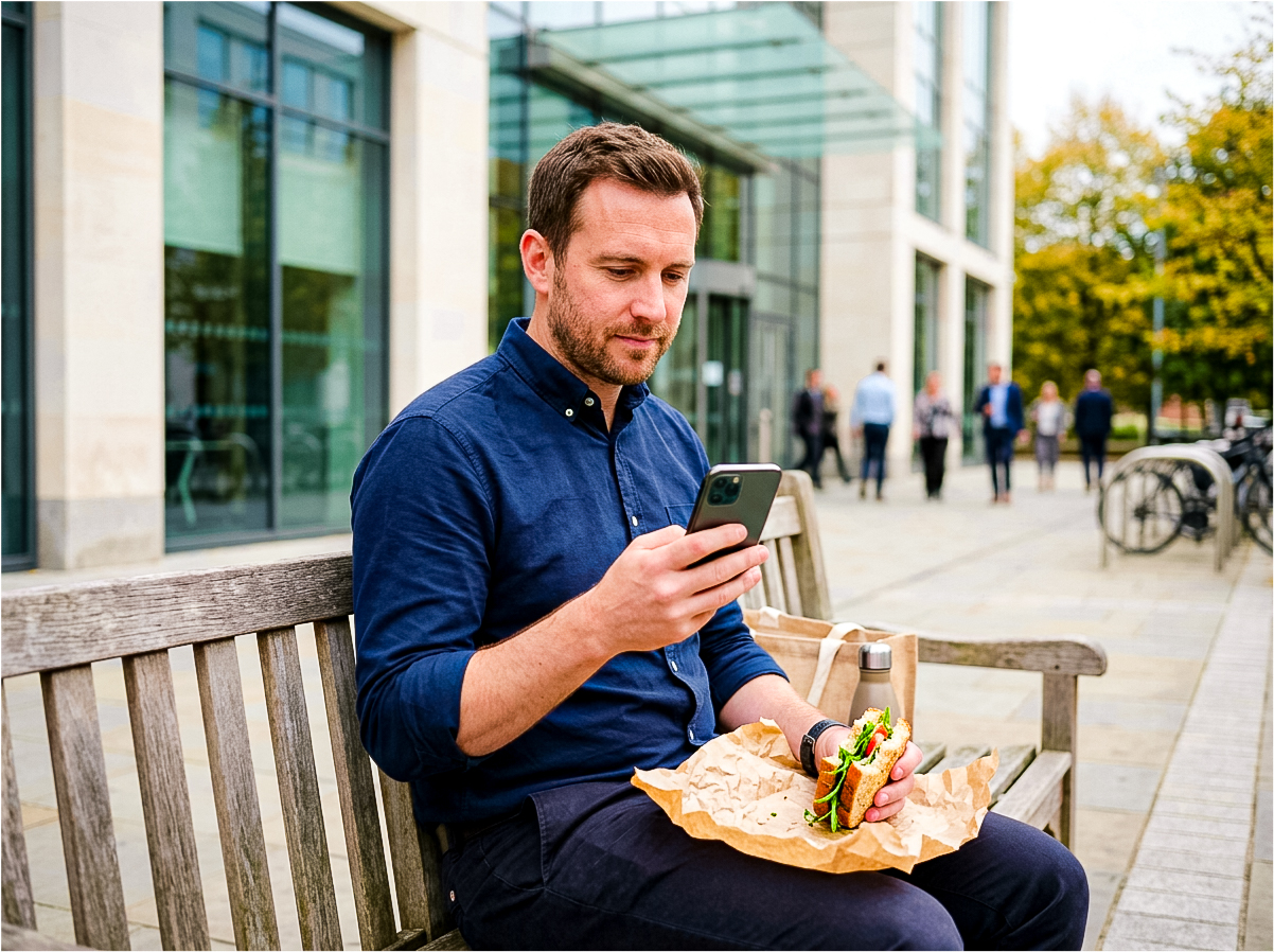A parent checking their phone on a bench during the working day